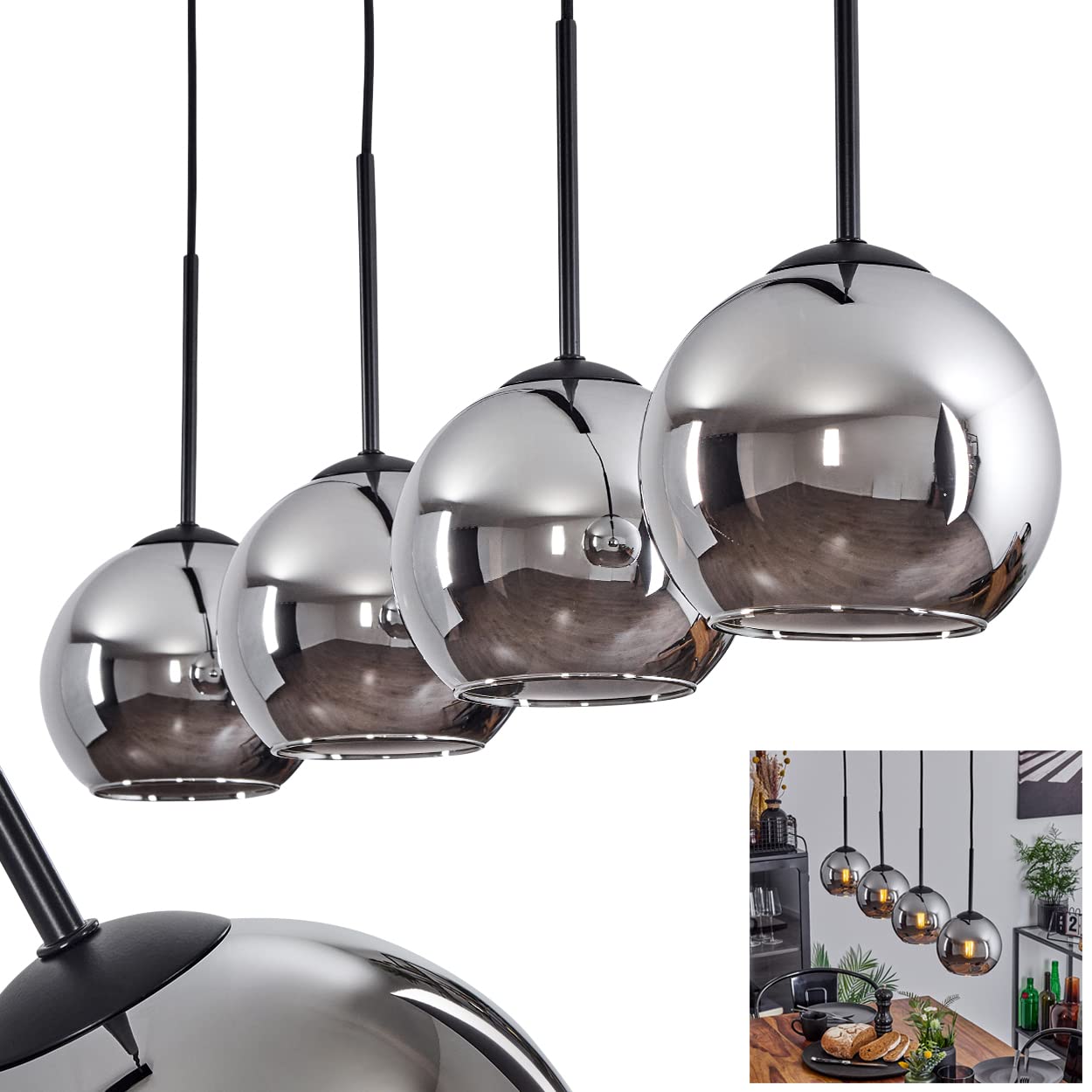 Koyoto Hanging lamp, Hanging lamp Made of Metal/Glass in Black/Chrome Colour, 4-Flame lamp in Vintage/Retro Design with Glass lampshades (Ø 15 cm), max. Height 147.5 cm, 4 x E27, Bulbs not Included
