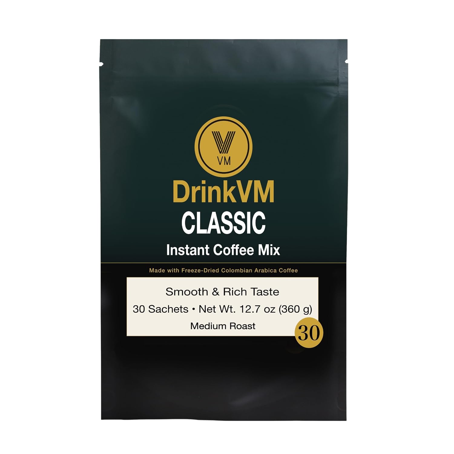 DrinkVM Classic Instant Coffee Mix, 30 Sachets, Made with Freeze-Dried Colombian Arabica Coffee, Medium Roast, Smooth & Rich Taste, 12.7 oz (360 g)