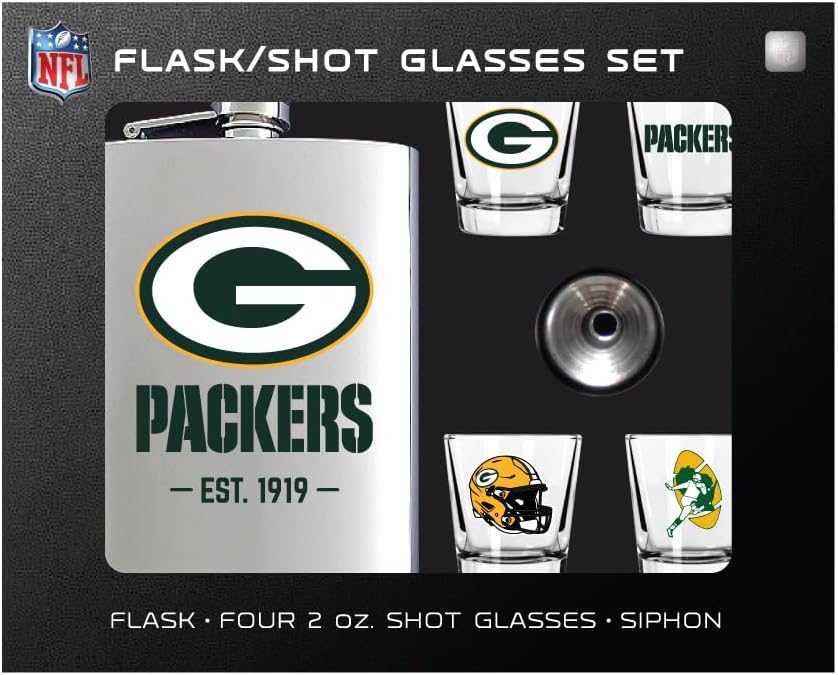 DENCO NFL Green Bay Packers Flask and Shot Glass Set, Stainless Steel, Silver, 8 oz Flask with Four 2 oz Glasses, Team Logo Design, EST. 1919