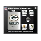DENCO NFL Green Bay Packers Flask and Shot Glass Set, Stainless Steel, Silver, 8 oz Flask with Four 2 oz Glasses, Team Logo Design, EST. 1919