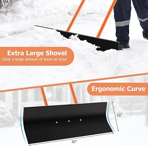 Miniatura 4 de CLEEMAN Pala de nieve de 30 pulgadas con ruedas, empujador de nieve de metal, hoja curvada ergonómica, altura ajustable, pala rodante para quitar