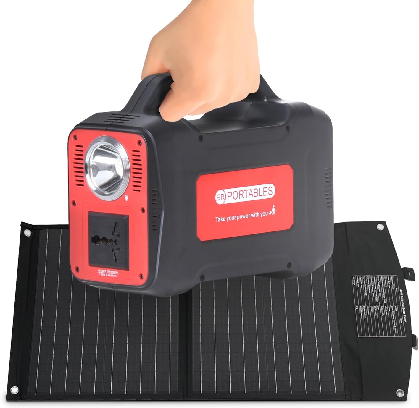 SR Portables Thia Portable Solar Power Station with 40 W Solar Panel Combo, 130Wh Lithium Ion Battery, Solar Chargeable, 7 Multi-chargeable Ports USB/AC, Inbuilt Torch + LED lamp (Red)