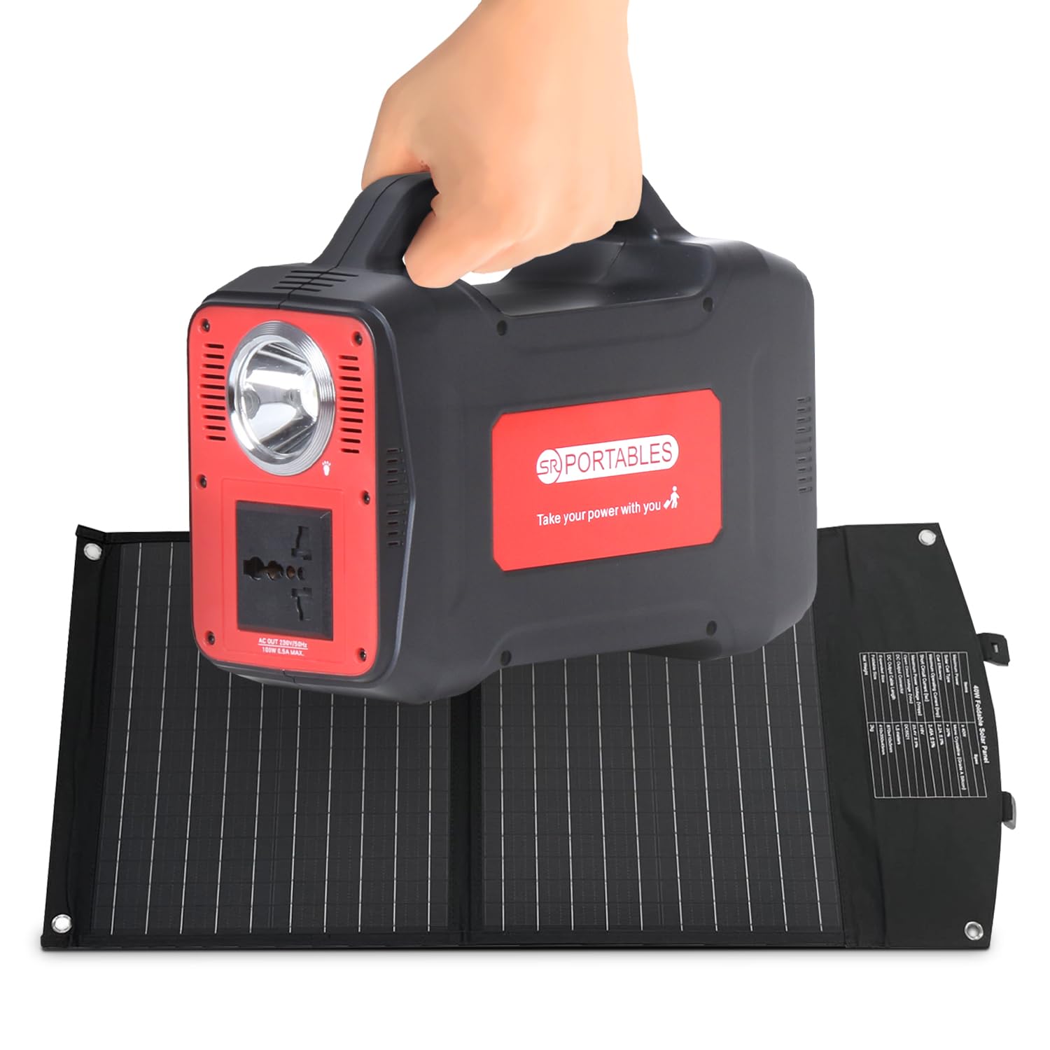 SR Portables Thia Portable Solar Power Station with 40 W Solar Panel Combo, 130Wh Lithium Ion Battery, Solar Chargeable, 7 Multi-chargeable Ports USB/AC, Inbuilt Torch + LED lamp (Red)