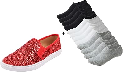 FEVERSOLE Womens Fashion Slip-On Sneaker Loafers Red Size 7 M US Boundle with No Show Socks Women Ankle Low Cut Thin No Slip Invisible Liner Socks 3 Colors 6 Pairs
