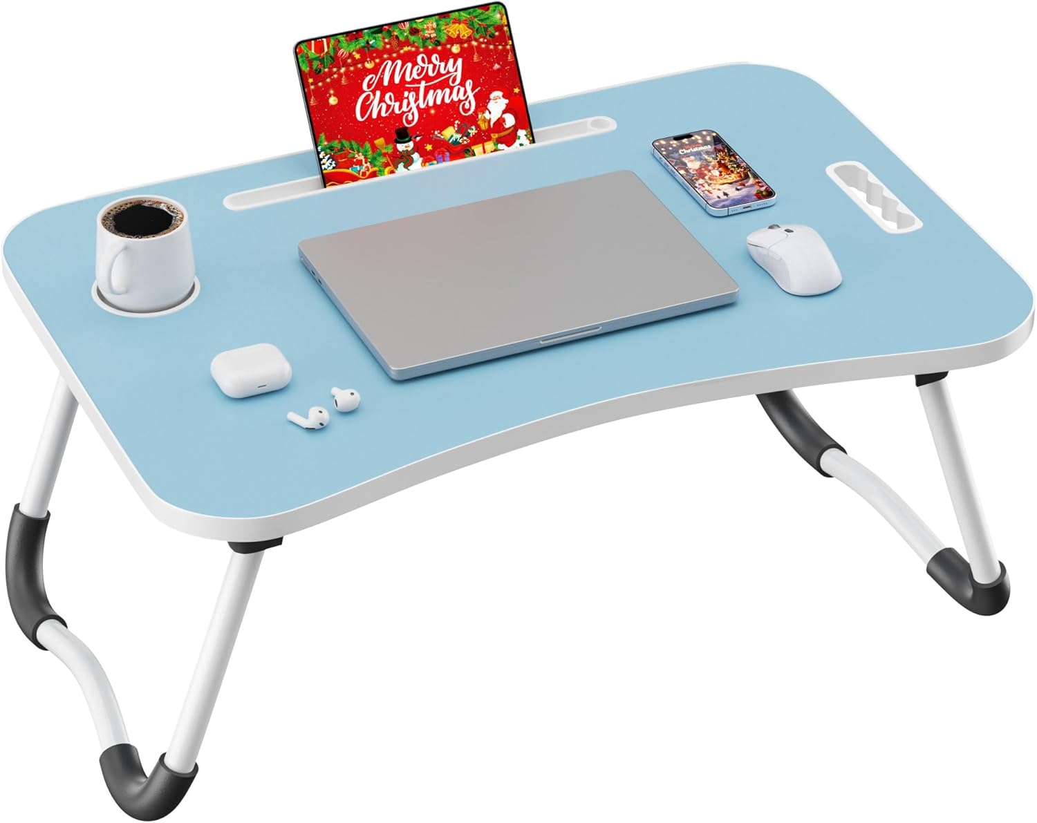 folding lap desk, 23.6 inch wood laptop bed desk with cup holder, portable bed table for working writing reading & eating for bed, sofa, couch, floor - blue