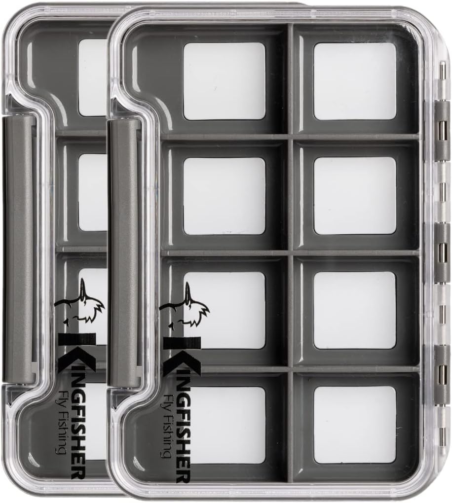 Kingfisher Fly Fishing Slim Waterproof Magnetic Compartment Fly Box, 2 Pack (Gray Box - 12 Compartments)