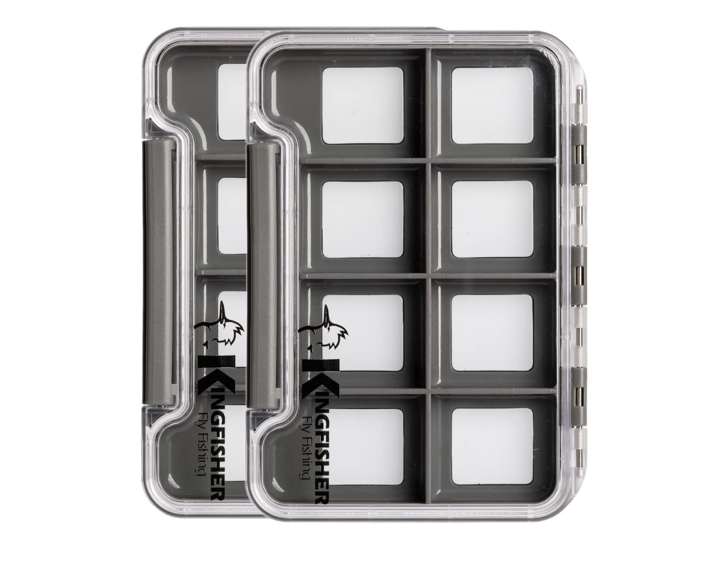 Kingfisher Fly Fishing Slim Waterproof Magnetic Compartment Fly Box, 2 Pack (Gray Box - 8 Compartments)