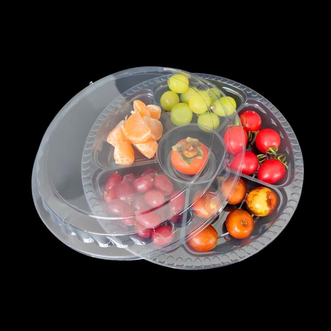 Clear Plastic Appetizer Trays with Lids, Travel Round Disposable Compartment Serving Platters,6 Sectional Catering Trays for Vegetable Salad Food for Fruit Veggie Snack Food Containers (10 Pack)