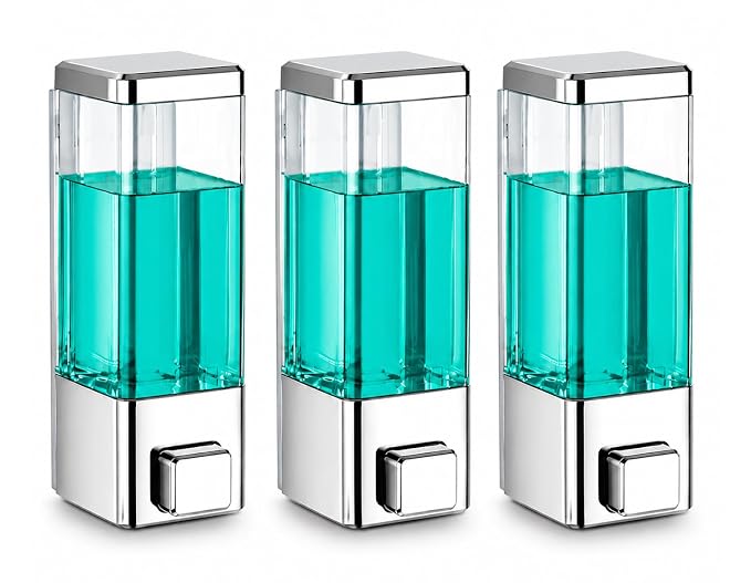 BATH GURU Wall Mounted Soap Dispenser Pack of 3, 350ml ABS Plastic Manual Liquid Soap Dispenser for Bathroom Kitchen, Refillable Hand Wash Shampoo Conditioner Sanitizer Dispenser, Clear Chrome Finish