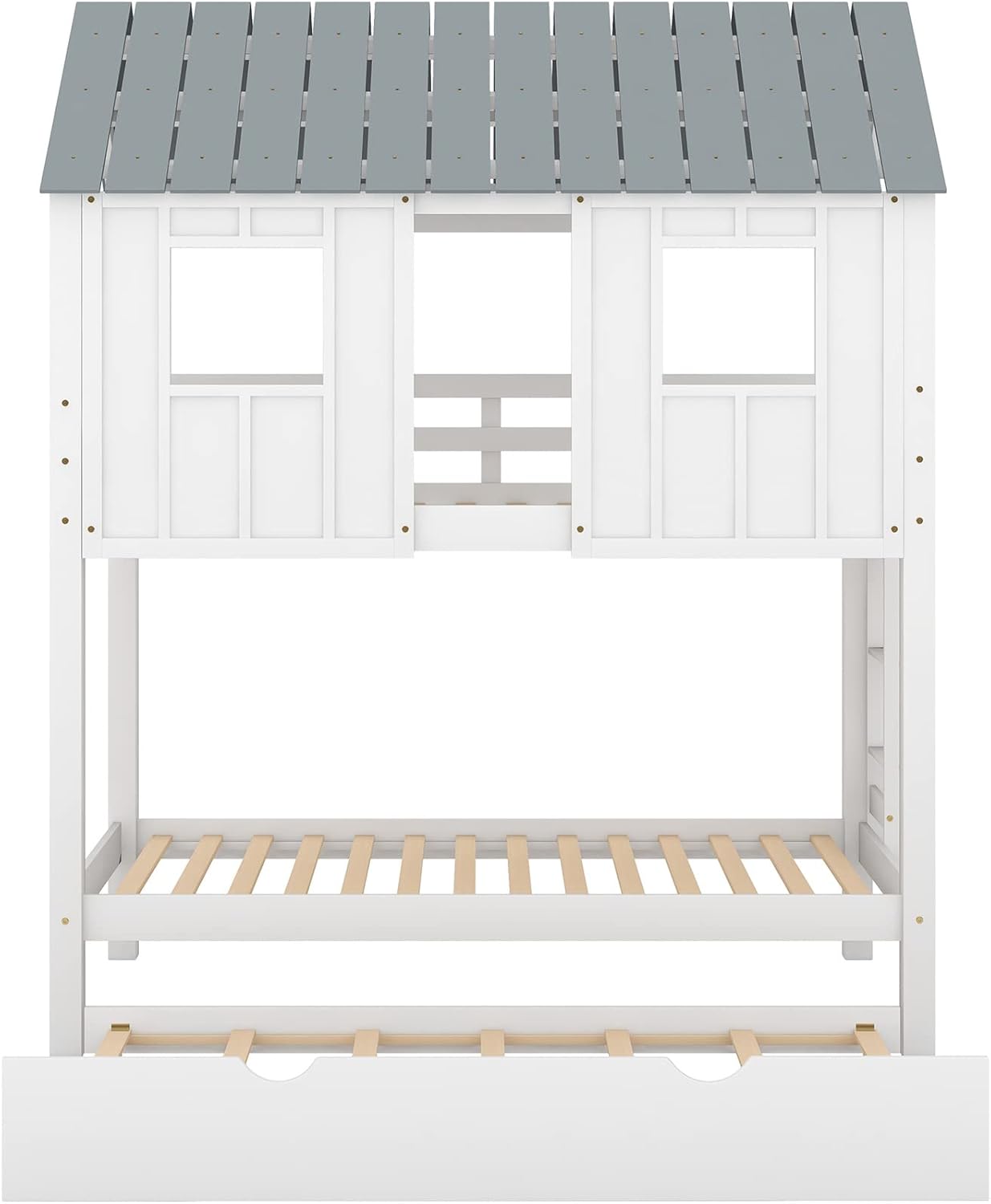 Bellemave House Bunk Beds with Trundle Twin Over Twin Bunk Bed Wood Fun Playhouse Bunked Frame for 3 Kids Girls Boys Teens, White