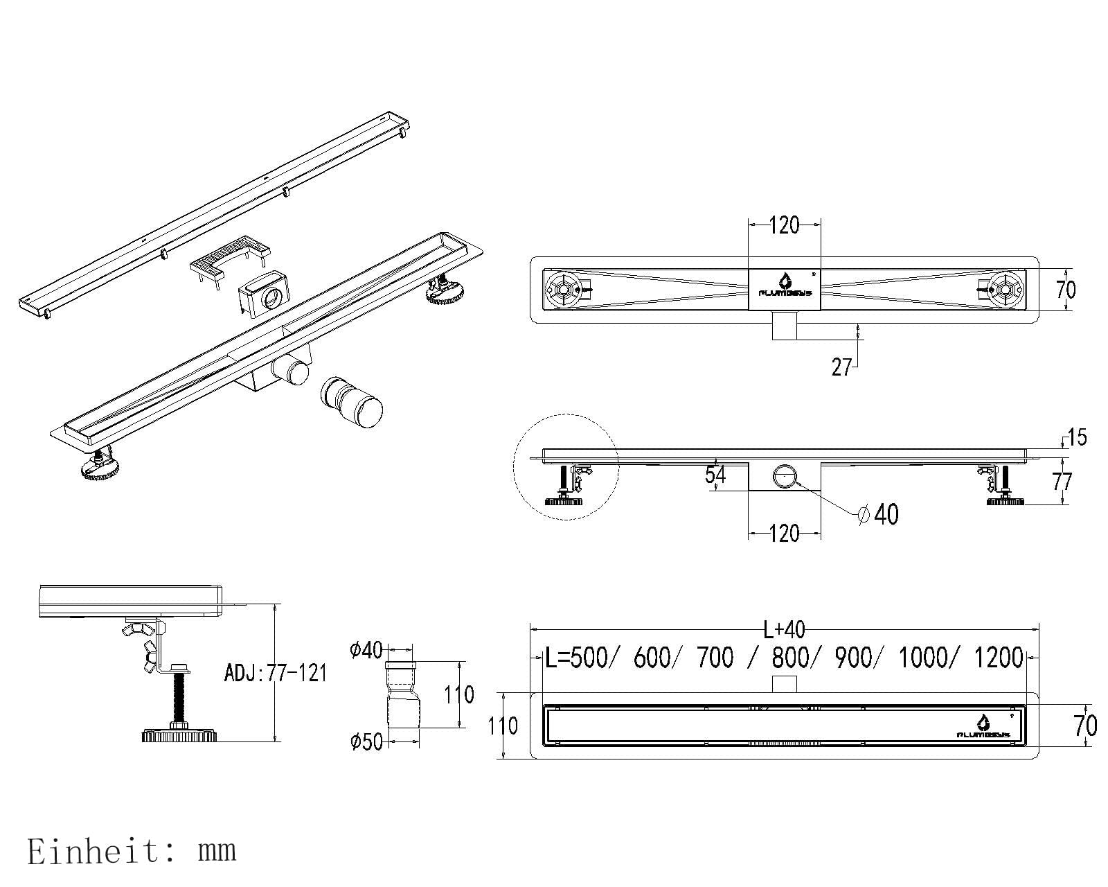 Caniveau de Douche Acier INOX,90cm，Réglable Le 2en1 Carreler Caniveau，Caniveau de Douche avec Siphon pivotant à 360 ° bloqueur d'odeurs et Filtre à Cheveux，Drainage Rapide