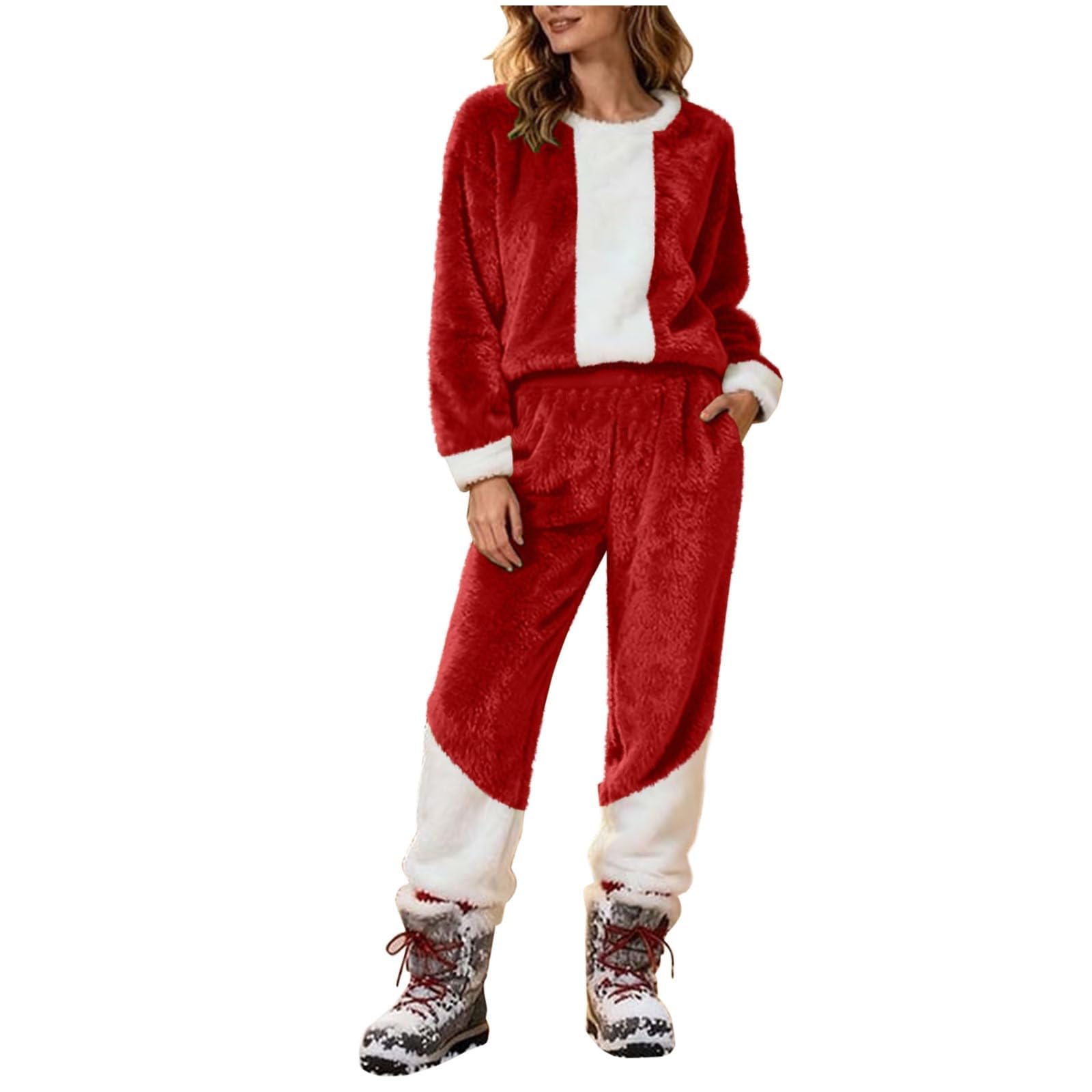 Pijama de franela para mujer, largo, cálido, de dos piezas, ropa de salón mullida, traje de casa para mujer, bloque de color, traje de Navidad