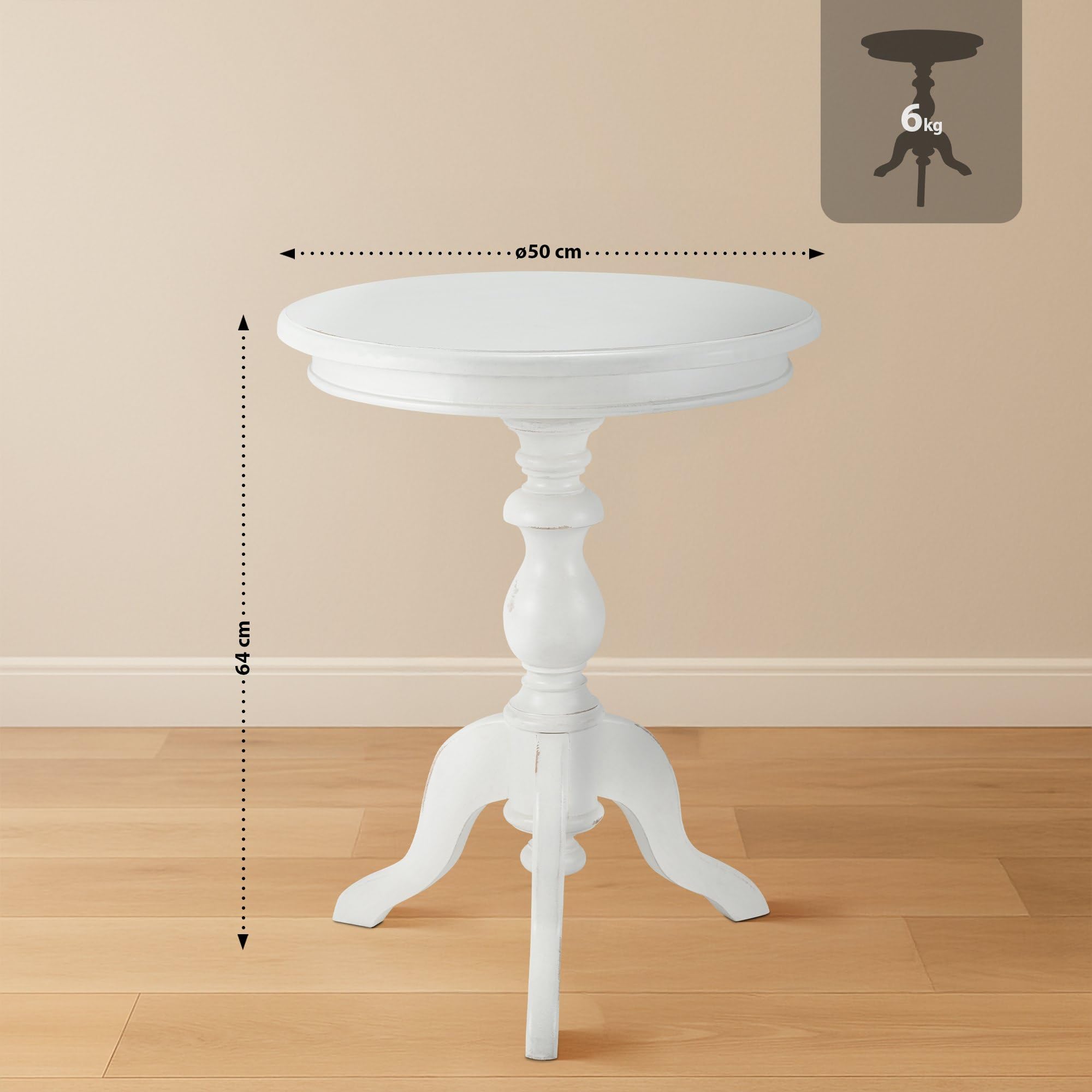 CLP Tavolino rotondo Wiva in legno, tavolino da 50 cm di diametro per soggiorno e sala da pranzo, in legno di Mindiholz di alta qualità, Colore:antico bianco