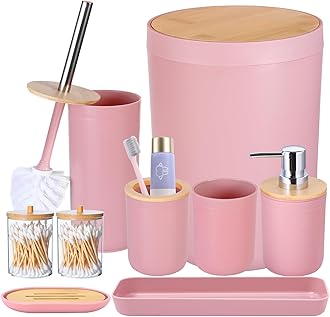iMucci 9Pcs Pink Bathroom Accessories Set - with Trash Can,Toilet Brush,Toothbrush Holder, Lotion Soap Dispenser, Soap Dish,Toothbrush Cup,Qtip Holder,Tray