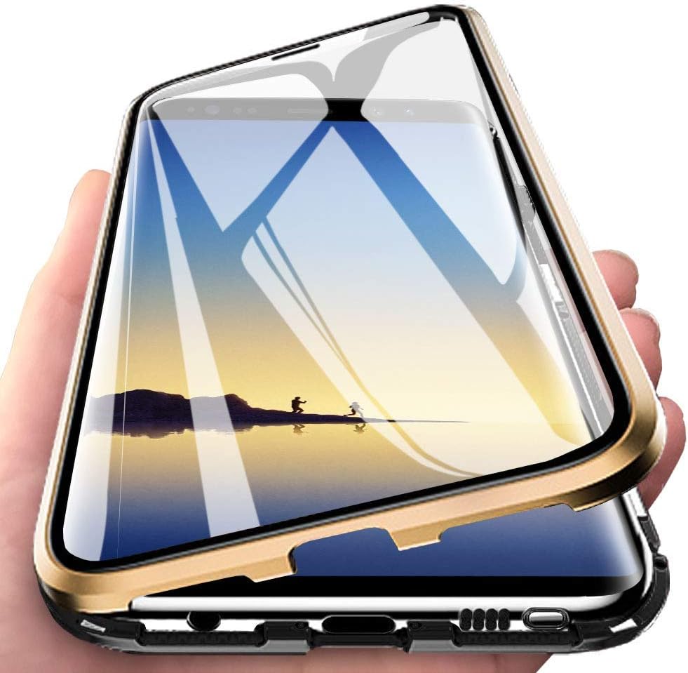 Compatible for Huawei P30 Lite (6.15") Case Magnetic Adsorption Case Magnets Metal Aluminum Frame Transparent Front and Back Tempered Glass 360 Degrees Fully Body Protective Case Cover,Gold Black