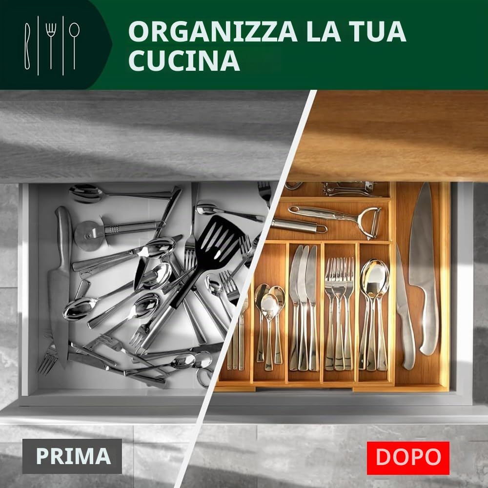 Portaposate per cassetti, portaposate regolabile, larghezza da 33 cm a 50 cm, portaposate in bambù, cassetto portaposate per cucina, portaposate per cucchiai/forchette
