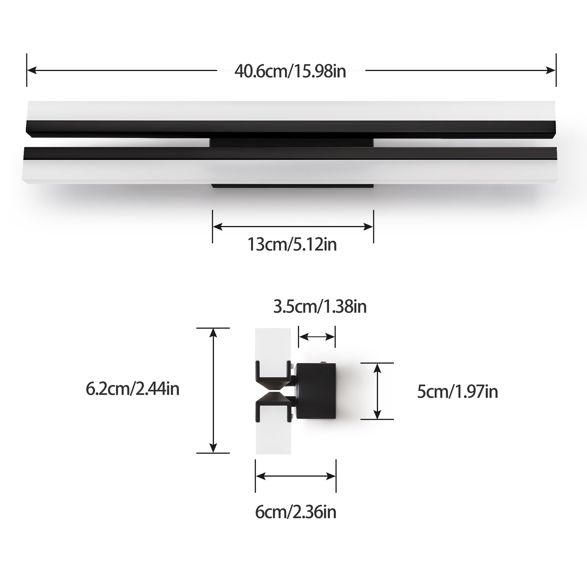 40cm super brillante luces del espejo del baño, 12W LED luces de la pared de la tabla de lavado, luces de la pared del cuadro de la sala de estar, 6000K negro mate IP44