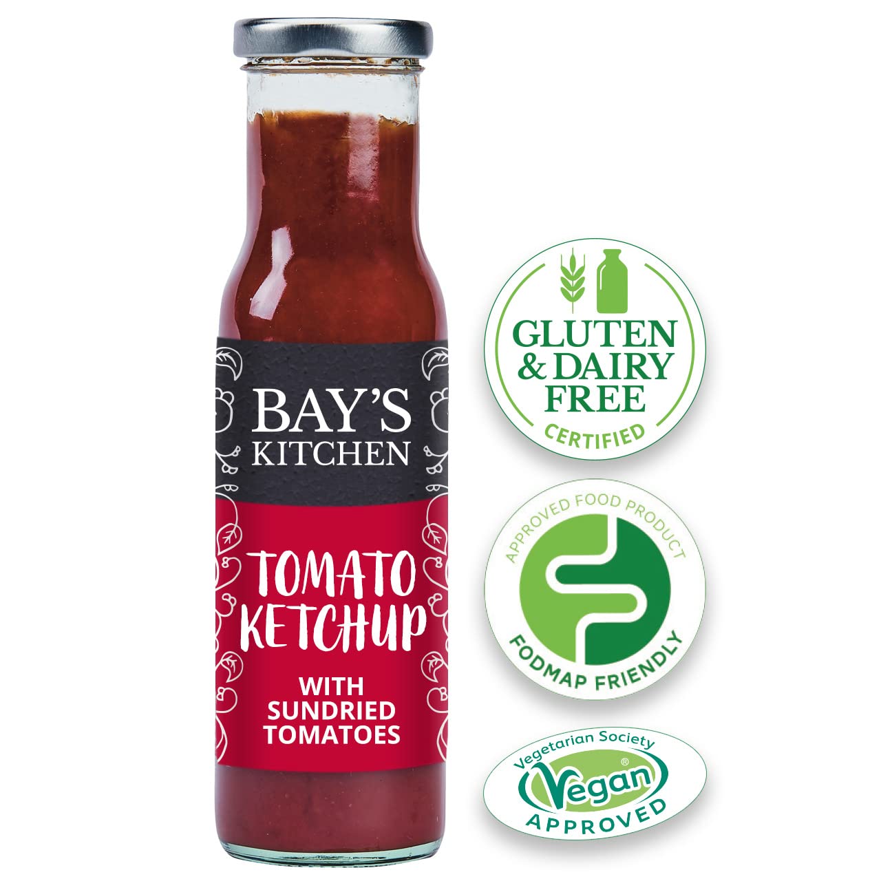 Bay's Kitchen FODMAP ketchup do pomidorów z suszonymi pomidorami do domowego gotowania, bezglutenowy, przyjazny dla IBS i odpowiedni dla wegan (butelka 270 g)