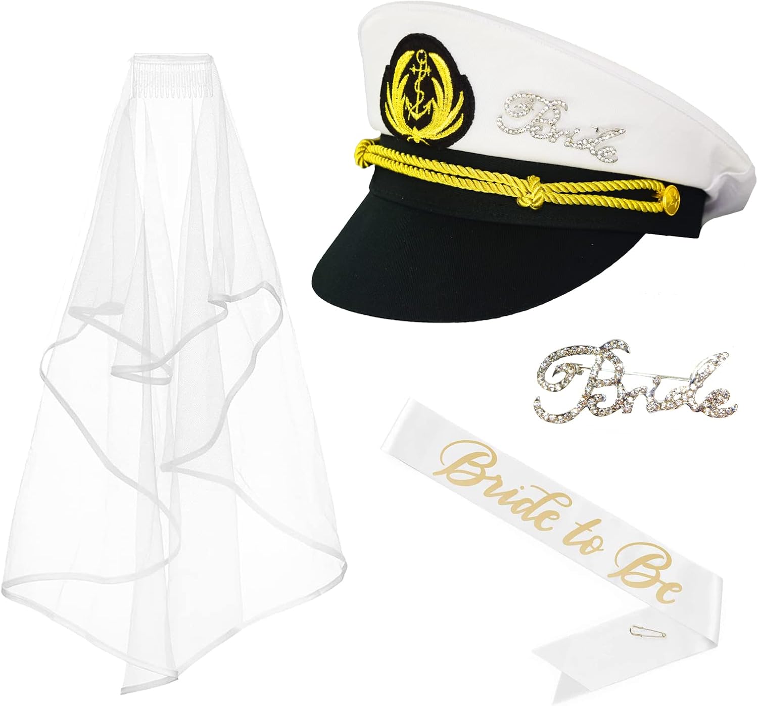 Bride Captain's Hat, Bachelorette Captain Hats with Bride to Be Sash & Veil Kits, Nautical Theme Party Hat Bridal Shower Gift (Set 1)