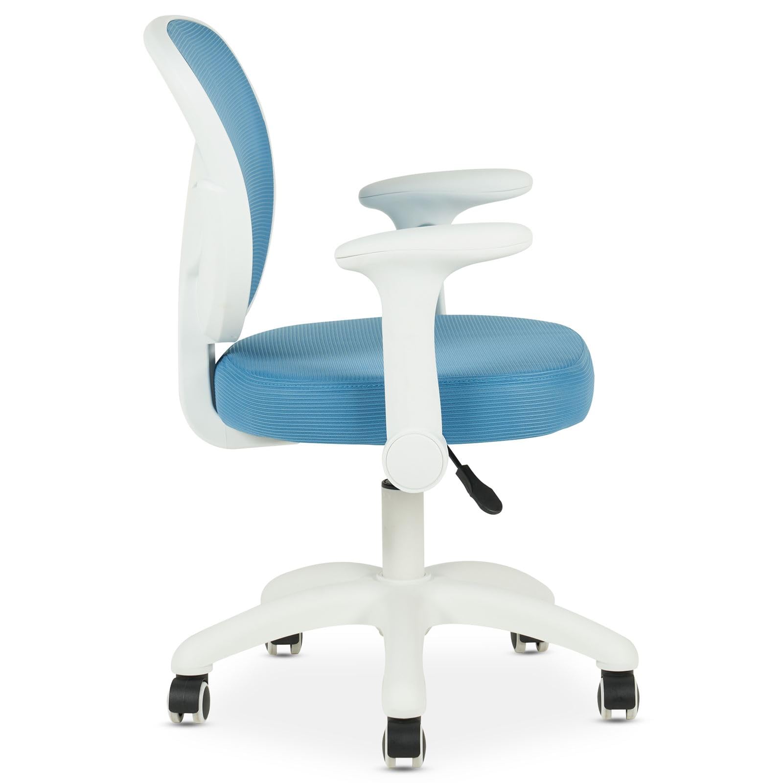 IDIMEX Schreibtischstuhl für Kinder Amelia höhenverstellbar, Blau – ergonomischer Bürostuhl für Kinderzimmer, atmungsaktive Mesh Rückenlehne & weißes Fußkreuz mit 5 Rollen