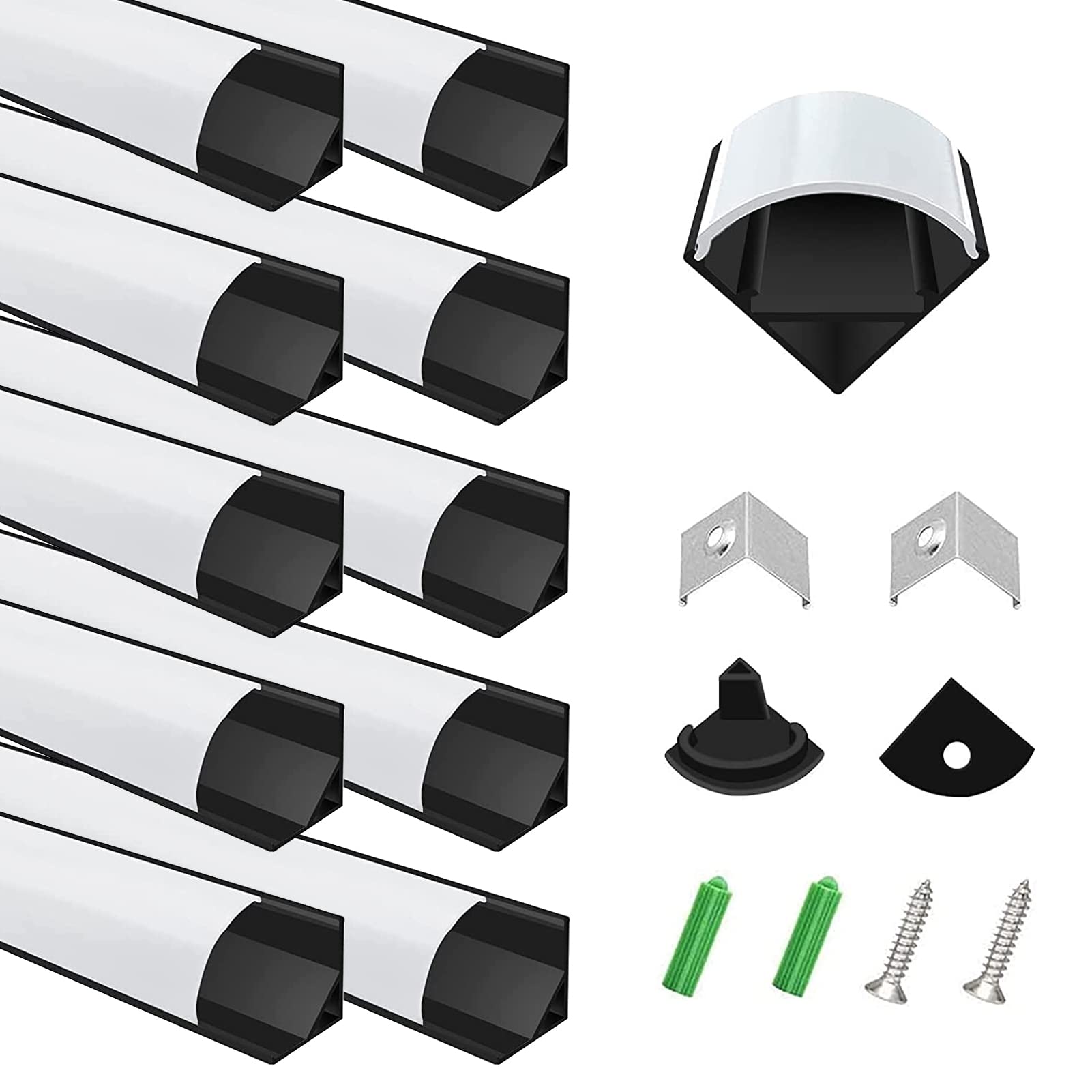 inShareplus LED Aluminum Channel System, 3.3ft/1 Meter, 10 Pack, Black, V Shape with Milk White Cover, End Caps and Mounting Clips, Aluminum Profile for LED Strip Light Installations