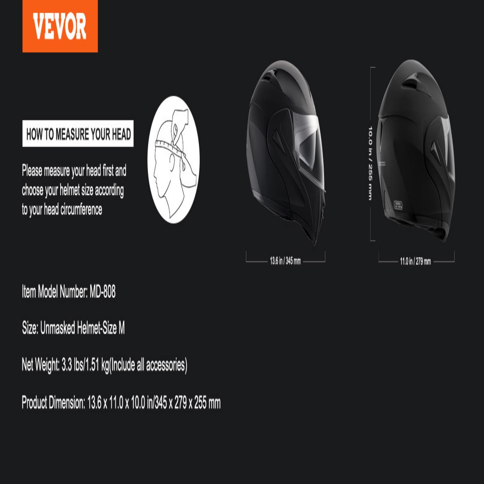 VEVOR Motorradhelm Motocross-Helme 3/4 Gesicht Größe XL, Helme aus ABS mit Wechselglas, ECE-geprüfter bequemer Motocross-Helm, für Jugendliche & Erwachsene schwarz