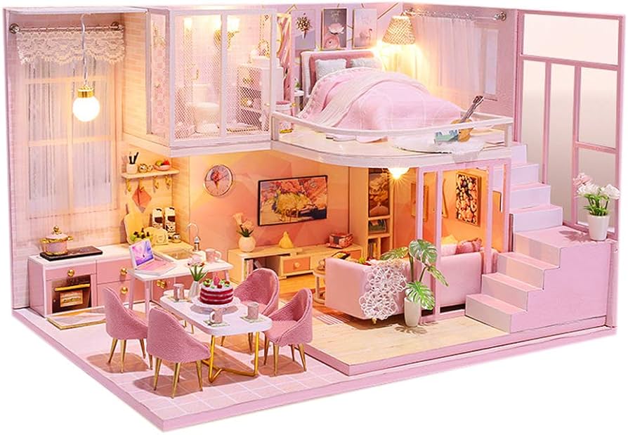 Amazon.co.jp: ピンクの木製ドールハウスキット DIY ミニチュア