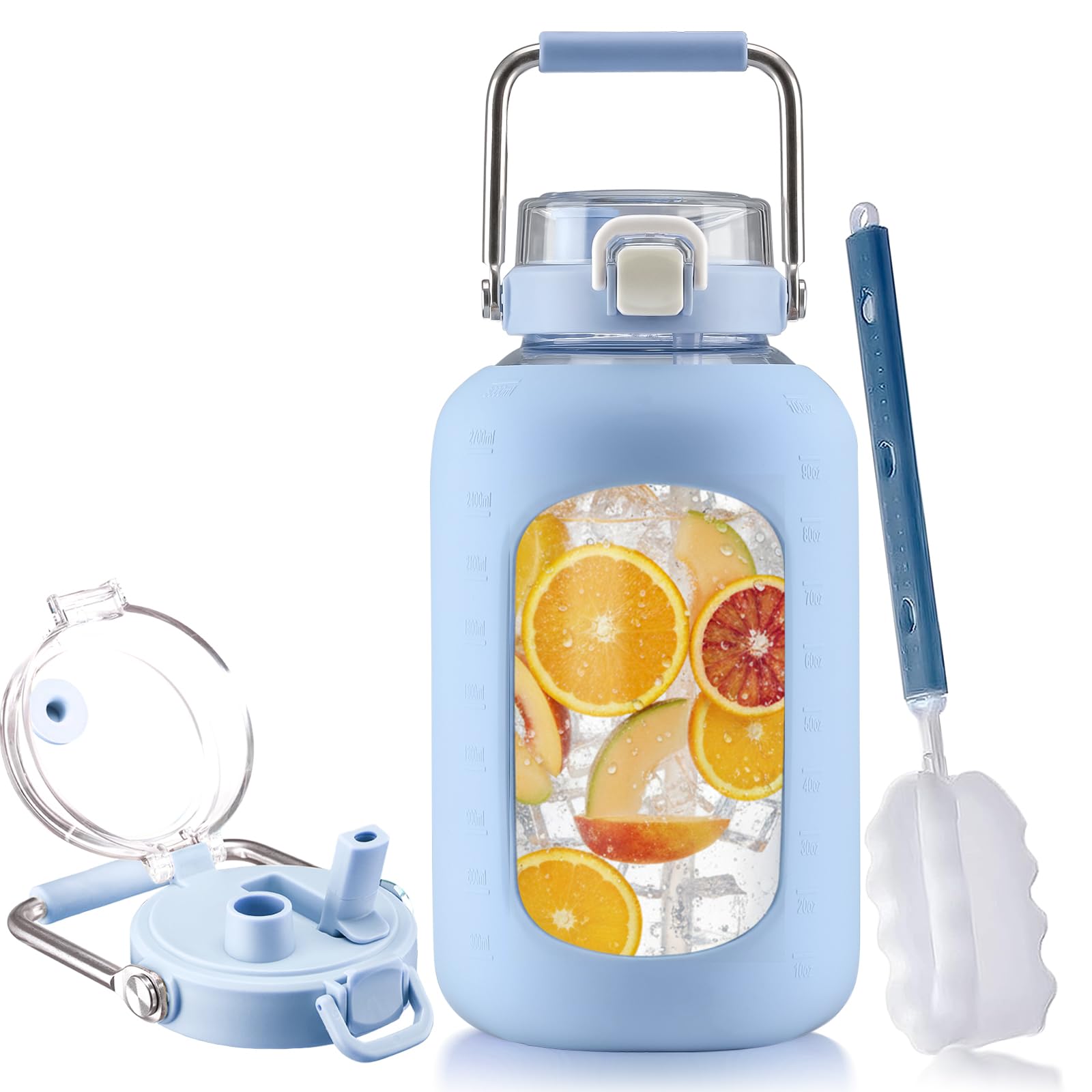 BLUEGO 100 oz Glass Water Bottle with Straw, Huge 3 Liter Water Bottle with Sturdy Handle, Glass Water Jug with Sleeve, Wide Mouth Water Container with Time Marker, Blue