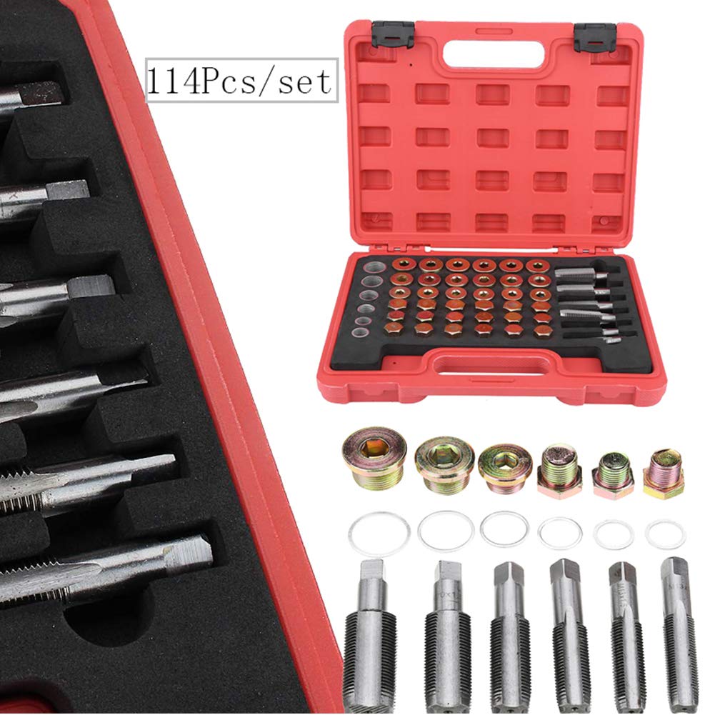 Yosoo Health Gear Kit di Riparazione Filettatura Tappo di Scarico Coppa Olio 114 Pezzi, Set di Strumenti per Tappo di Scarico Coppa Olio M M17 M20 M22