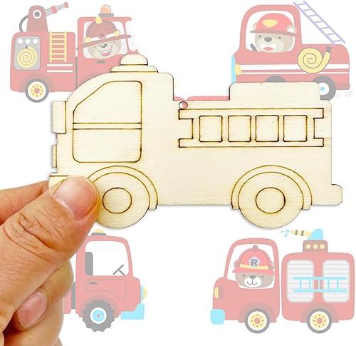 Miniatura 6 de 30 piezas sin terminar camión de bomberos de madera DIY recortes de madera en forma de camión de bomberos adornos colgantes con agujero cuerdas de