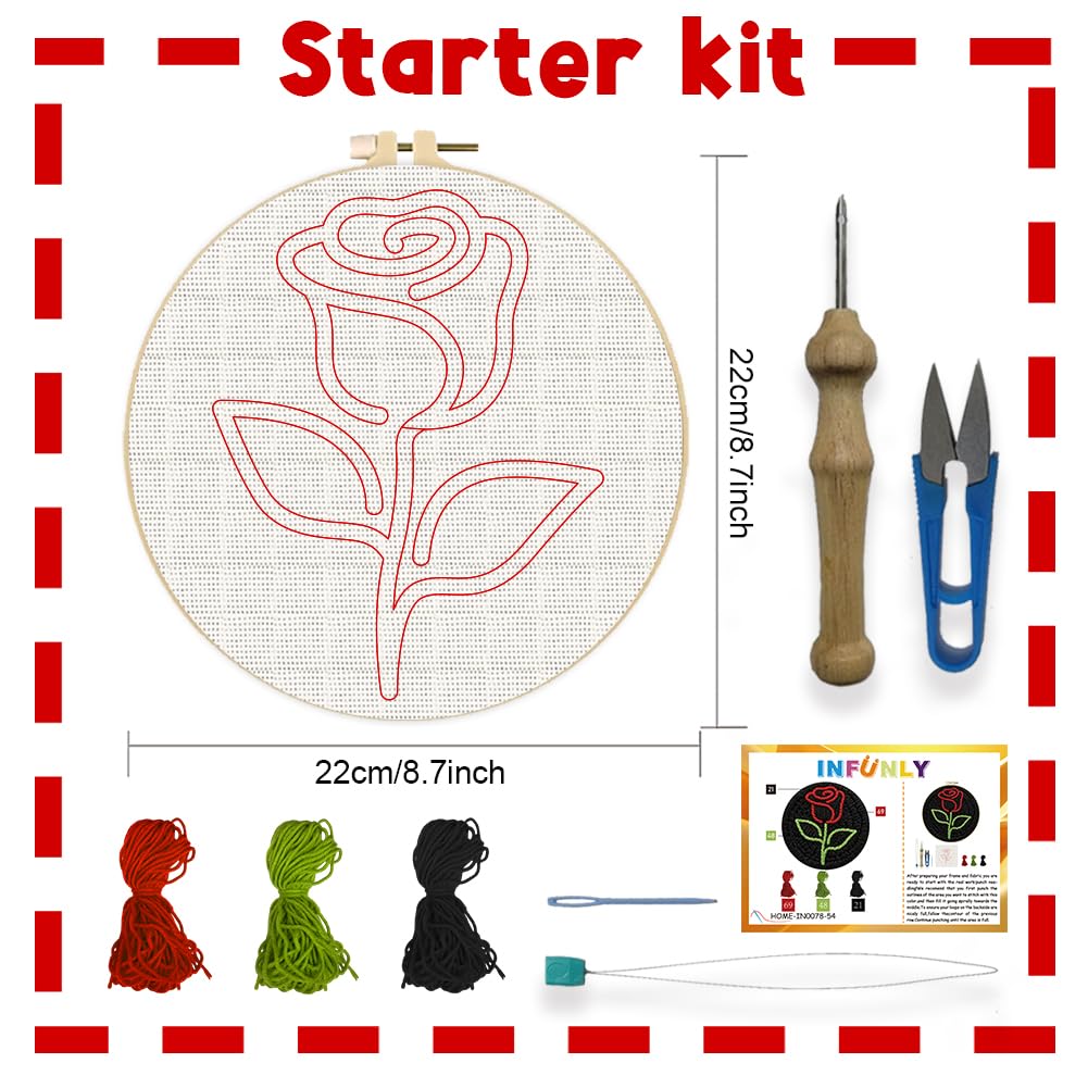 INFUNLY Set di aghi per ricamo a forma di rosa semplice fai da te per principianti, nero rotondo punch needle Starter Set da 8,7 pollici, facile per adulti con istruzioni per ricamo e filo