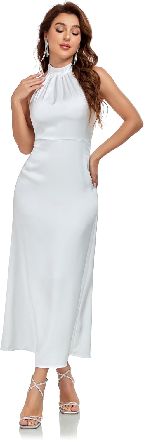 Women's Elegant Mock Halter Neck Party Dress Sleeveless Satin Silk Cocktail Evening Maxi Dresses - Image 4