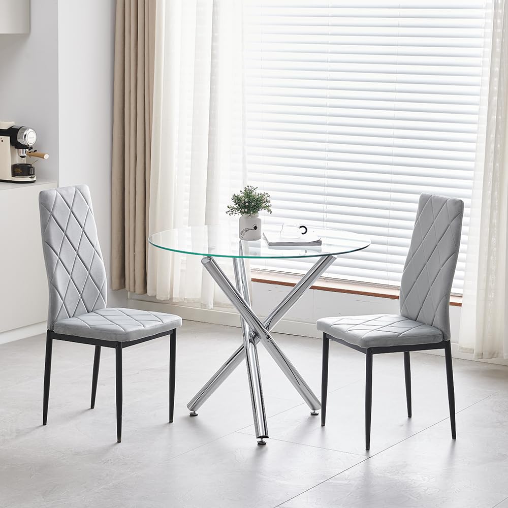 Homullel Round Dining Table and Chairs Set 2 Seater Kitchen Dining Set, 3 Pieces Table & Chairs Dinner Table Set for 2 (90cm Glass Table with 2 Chairs, Flannel Gray #2) โ image 1