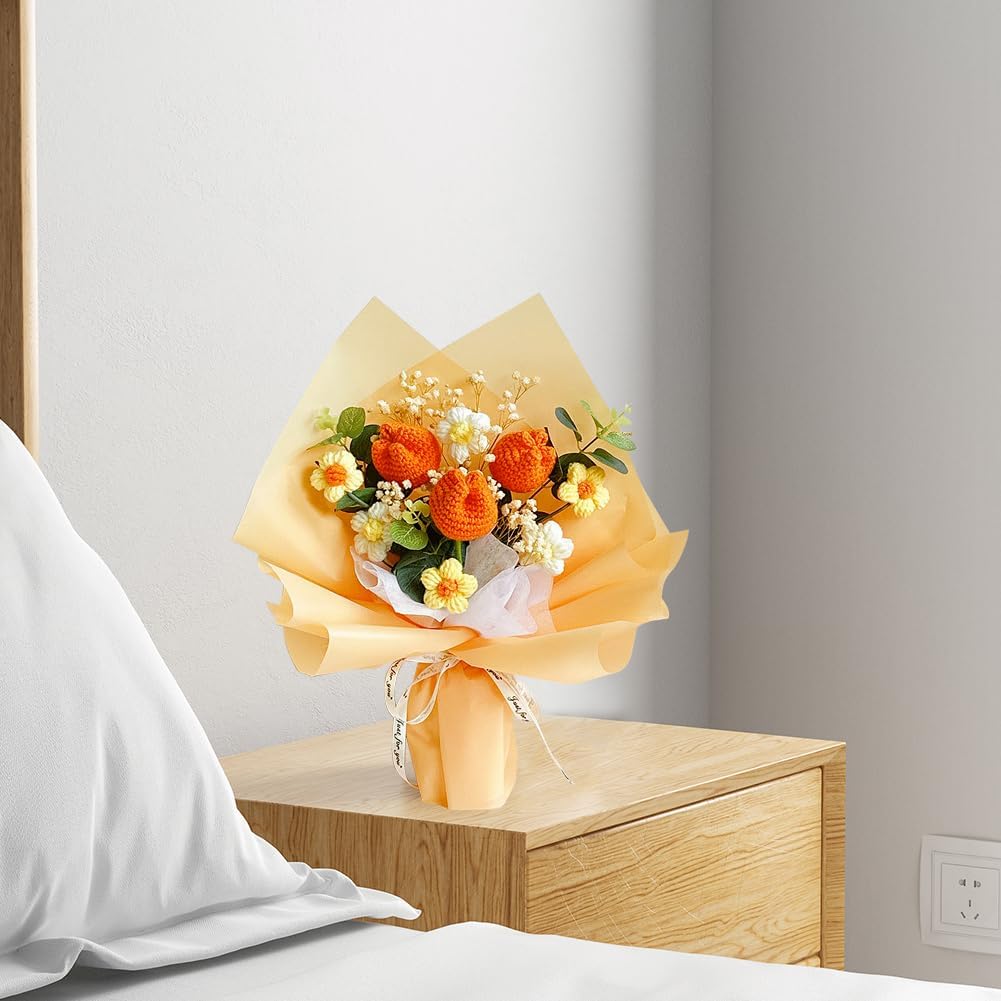 BSRTOP Crochet Flower Bouquet Tulips: Artificial Handmade Knitted Tulip Bouquet for Mother's Day | Birthday | Home Decor (Orange)