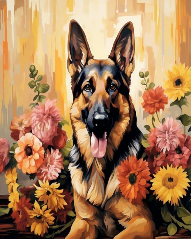 ZMHZMY DIY Oil Painting Paint by Number Kit Frameless German Shepherd and Flowers Paint by Numbers Oil Painting Canvas Print Wall Art Home Decoration