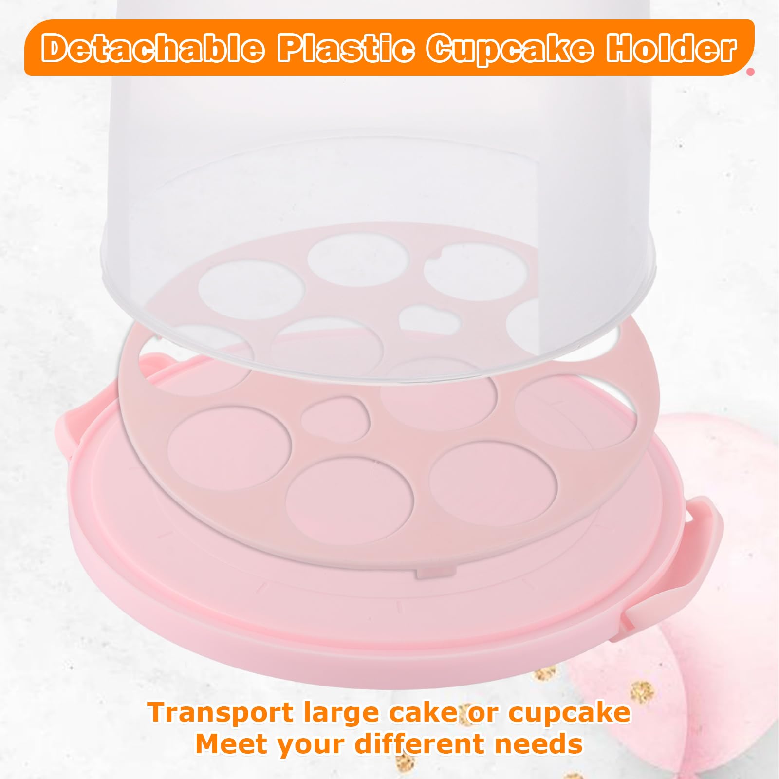 SENENQU Caja de plástico para tartas de 10 pulgadas de alto, soporte grande para tartas con asa y soporte para cupcakes, contenedor portátil para tartas con base de plástico de dos caras para fiesta