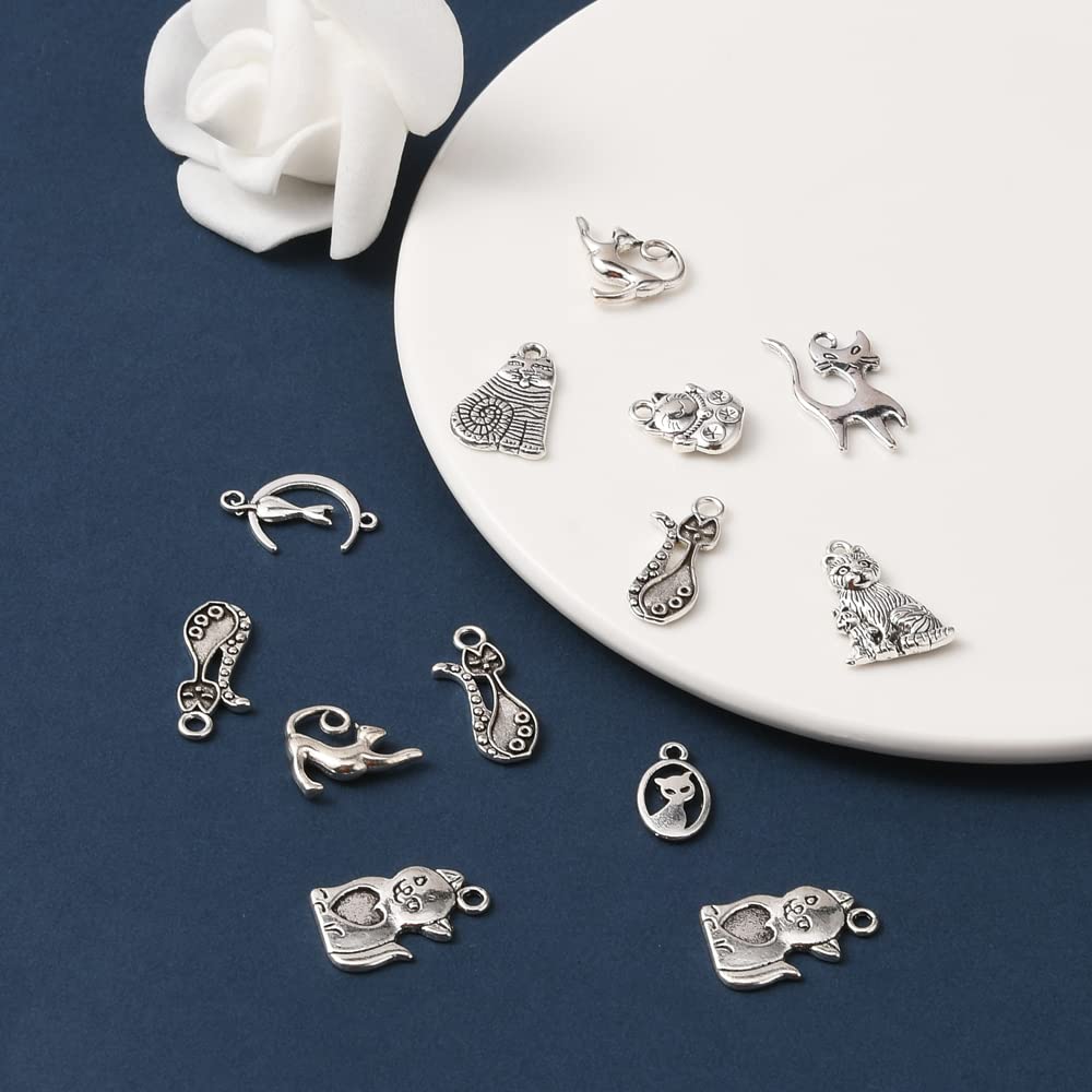 UR URLIFEHALL 100 Pcs 10 Styles Antique Silver Cat Theme Charms Cute Pet Animal Charms Pendants for Crafting DIY Jewellery Making - Image 4