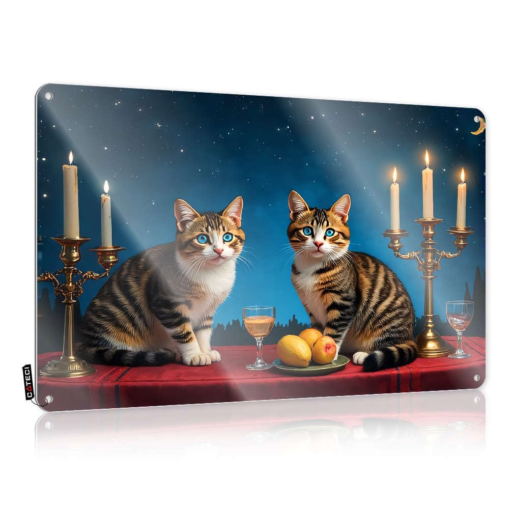 Sujd Colour Metal Wall Decoration Boho Neon Home Decor - Two Cats Sitting At A Table With Candles And Fruit. Gift For Gamer Rustic Style Artwork For Basement(20X30cm)