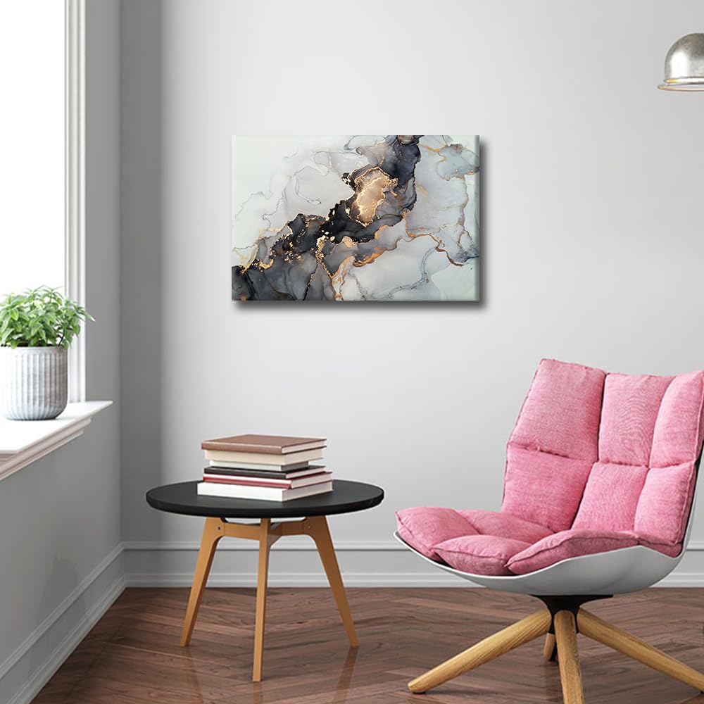 Black and Gold Abstract Canvas Wall Art Modern Luxury Abstract Fluid Art Painting Framed Print Ready to Hang for Living Room Bedroom Bathroom Home Wall Decor 12x18inch - Image 4