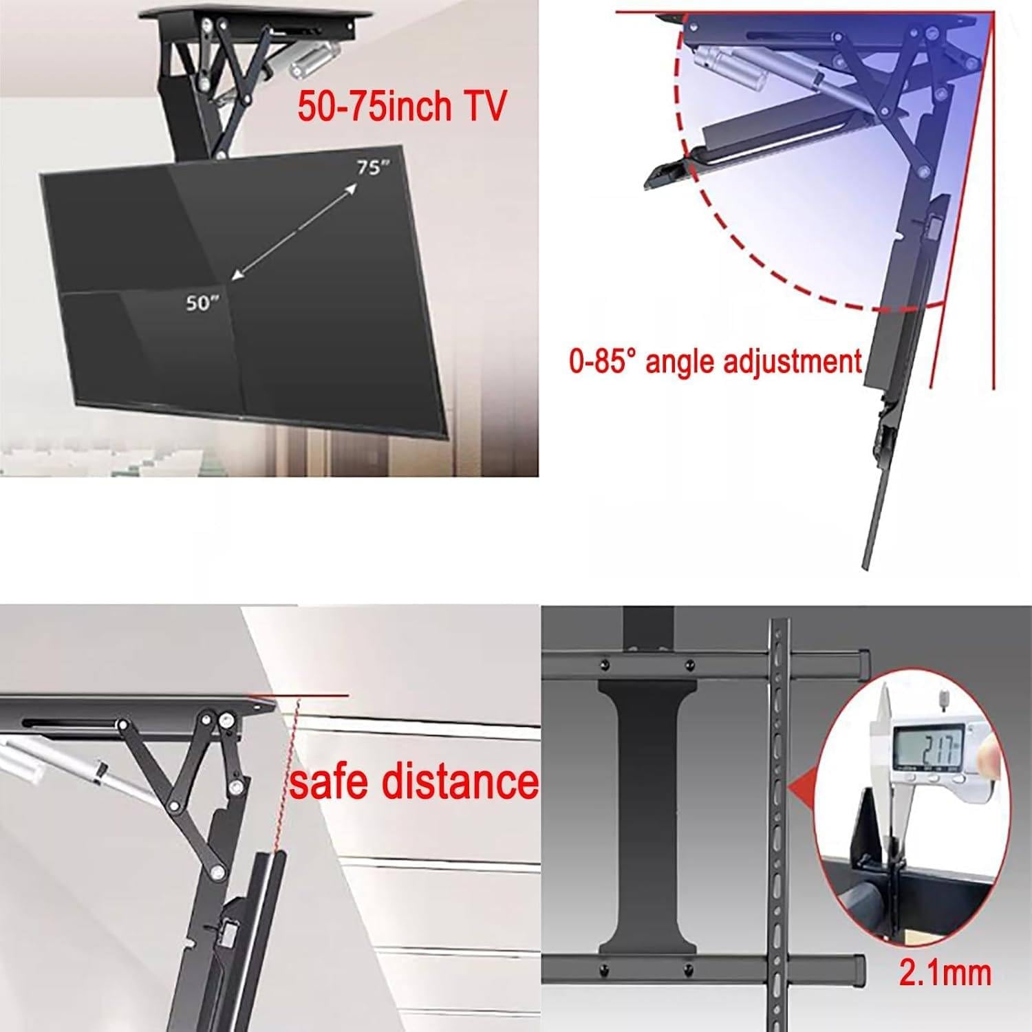 Supporto TV a soffitto motorizzato Ribaltabile, Supporto TV telescopico motorizzato con Sollevamento Automatico, Supporto TV Elettrico a soffitto, capacità di carico 45 kg/80 kg 50-75Inch