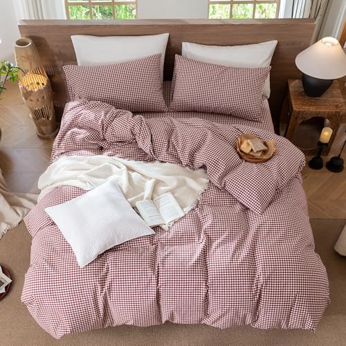 Image of MooMee Gingham Duvet Cover Set 100% Washed Cotton Linen Like King | Relaxed Linen-like Texture. Soft, Breathable & Long-lasting Comfort. Lightweight. Hidden Zipper with 8 Interior Corner Ties
