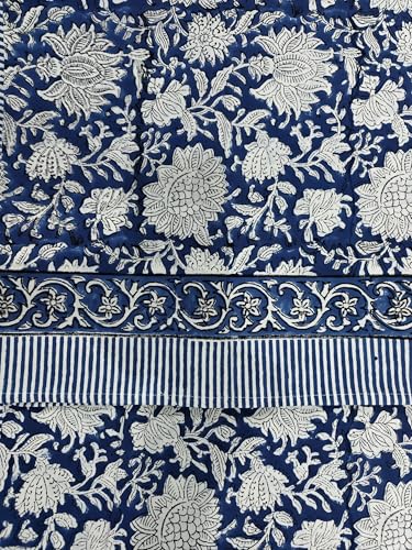 Nappe rectangulaire 100 % coton bleu imprimé fleuri fait main artisanale - 3