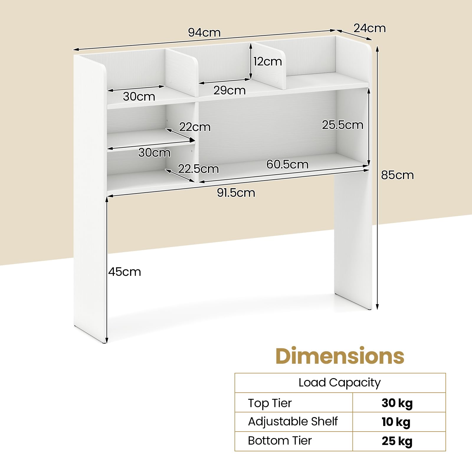 HOMASIS Scaffale da Scrivania a 3 Livelli, Libreria da Scrivania con Ripiani Regolabili in Altezza, Organizzatore da Tavolo per Ufficio e Studio, 94 x 24 x 85 cm (Bianco)