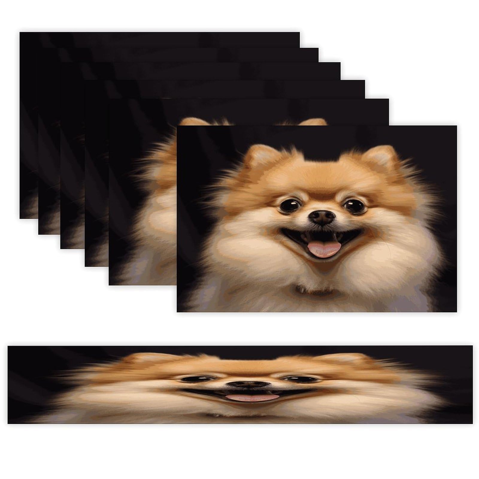 Happy Short-haired Pomeranian Table Runner and Placemats Set of 6 for Kitchen Washable Table Mats Heat Resistant Place Mats Non-Slip Place Mat Wipeable Placemat(6 Placemats+1 Table Runner)