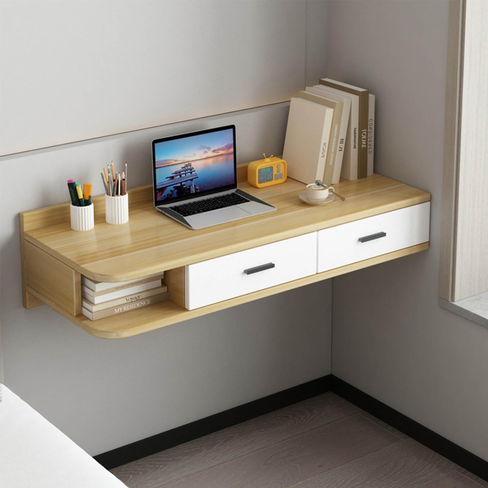 asdchZen Wall-Mounted Floating Dressing Table With Drawers, Makeup Vanity Desk For Bedroom, Open Storage Computer Desk Cabinet,C-120x40cm(47x16inch)