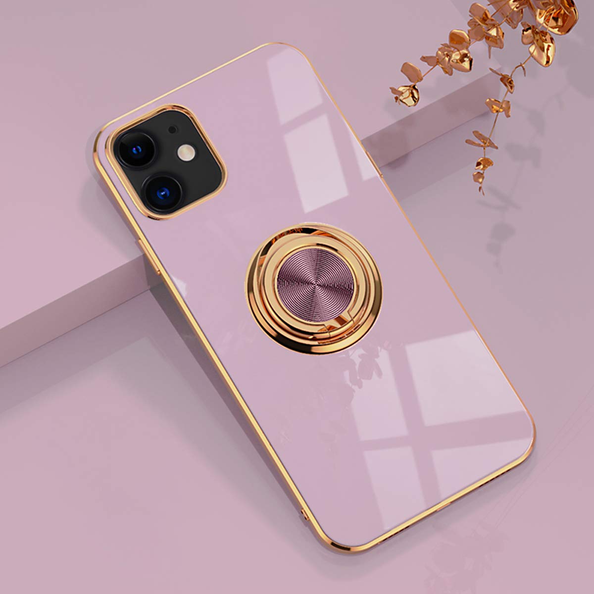 aownerCompatible with iPhone 12 Case & iPhone 12 Pro Ring Holder Case Shiny Plating Rose Gold Edge 360 Degree Rotation Kickstand for Women Girls Slim Soft Flexible TPU Protective Cover Case, 6.1 Inch