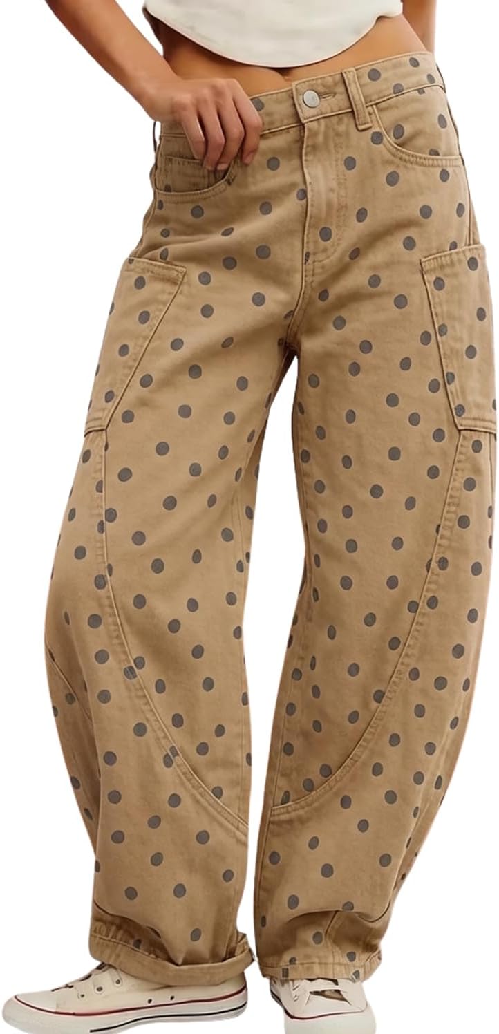 chouyatou Women Baggy Wide Leg Barrel Jeans Y2K Boyfriend Mid Rise Polka Dot Printed Denim Palazzo Pants