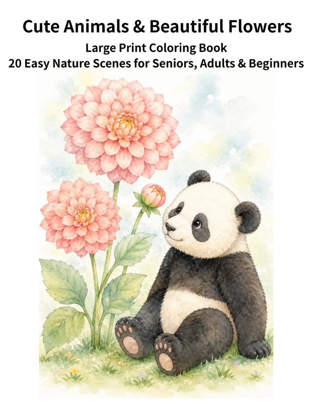 Cute Animals & Beautiful Flowers: Large Print Coloring Book: 20 Easy Nature Scenes for Seniors, Adults & Beginners