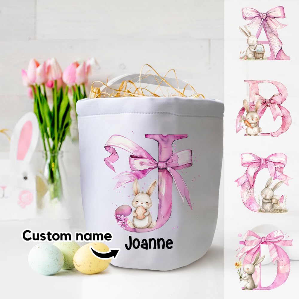 BYFDIY Personalized Easter Egg Basket For Kids Bow Canvas Custom Initial Name Easter Bunny Bag For Hunting Candy Gifts For Girls Daughter