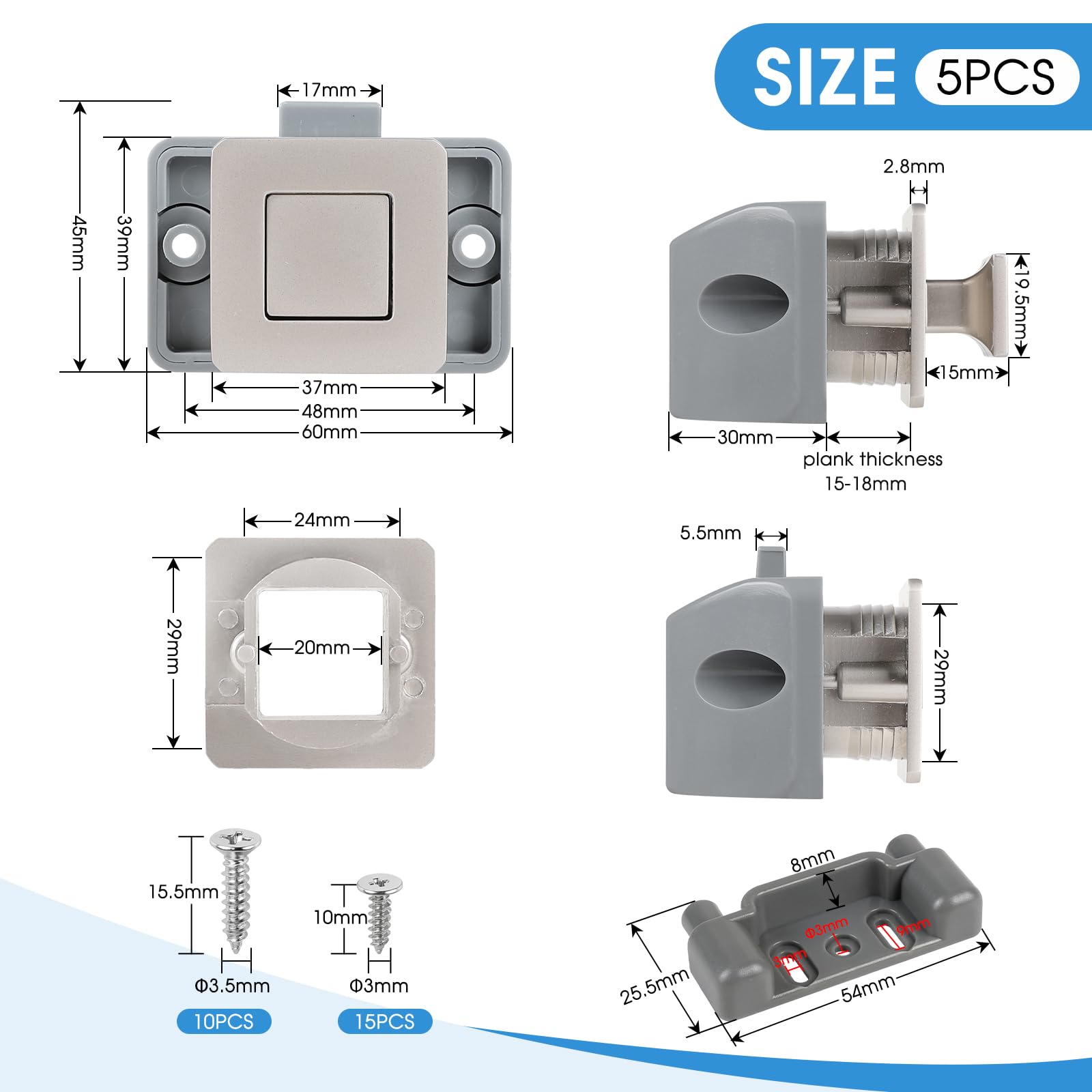 Set da 5 Chiusure per cassetti quadrate Metalliche da Campeggio, Serratura a Scorrimento Quadrata, Serratura a Pressione Senza Chiave per roulotte, Barca, Yacht, Armadio, Porta, vano (Nichel)